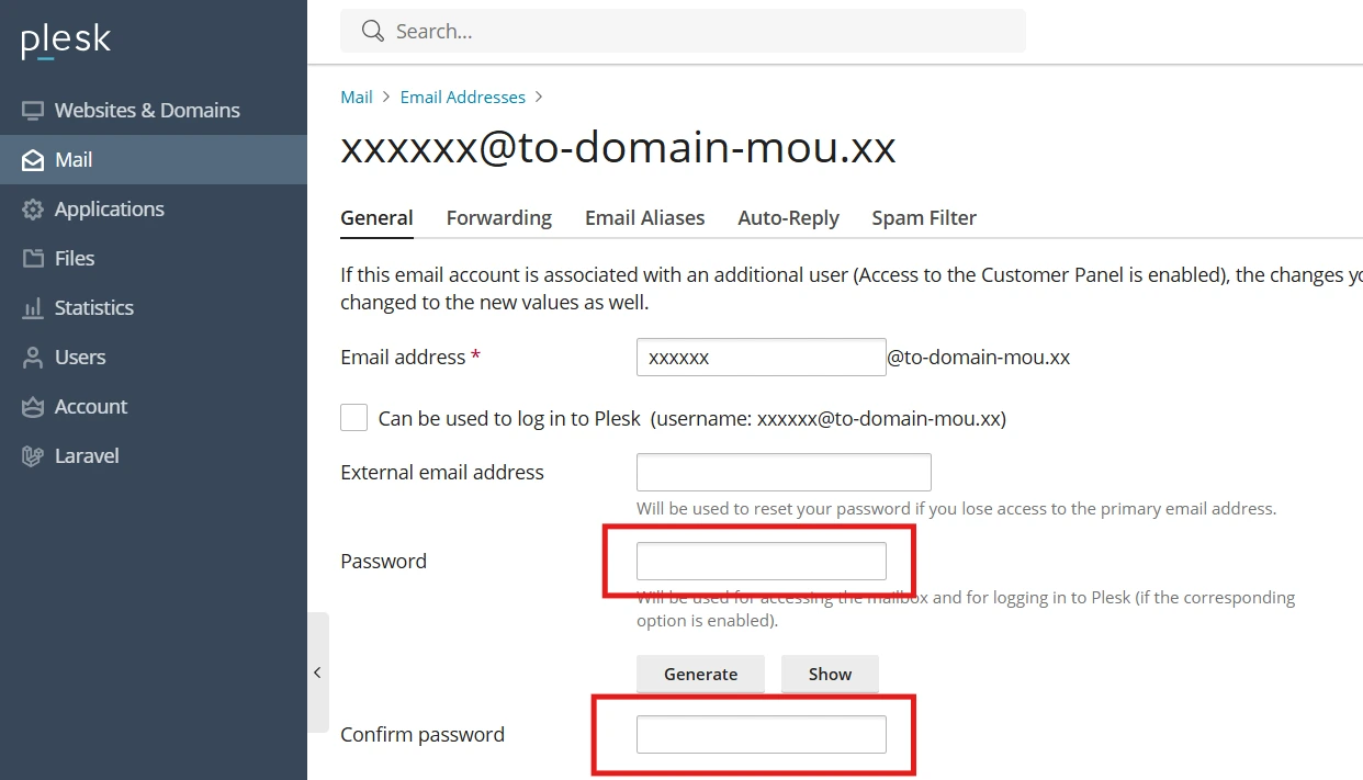 Αλλαγή password email στο Plesk πίκανα  διαχείρισης
