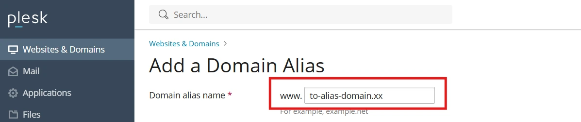 Ορισμός domain alias στο Plesk Panel