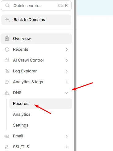 Μενού επιλογής DNS records στο Cloudflare