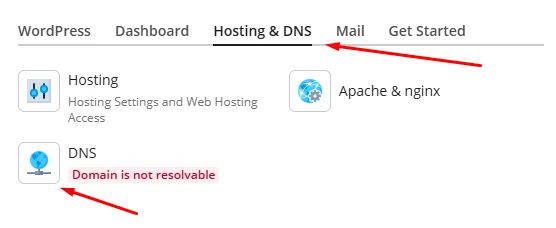 Μενού επιλογής Hosting και DNS για αλλαγή DNS records