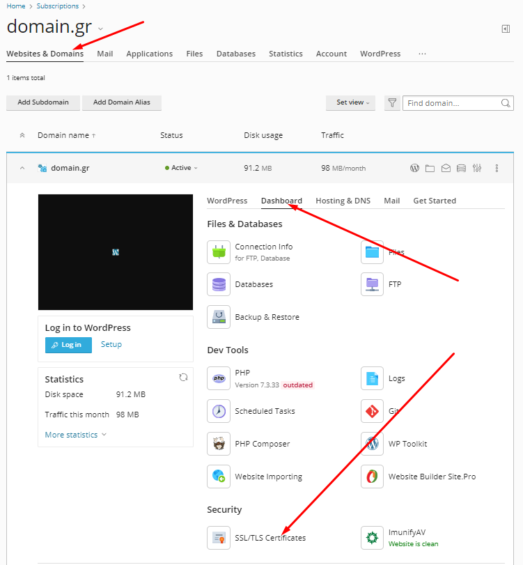 Επιλογή domain εγκατάστησης SSL στο Plesk.