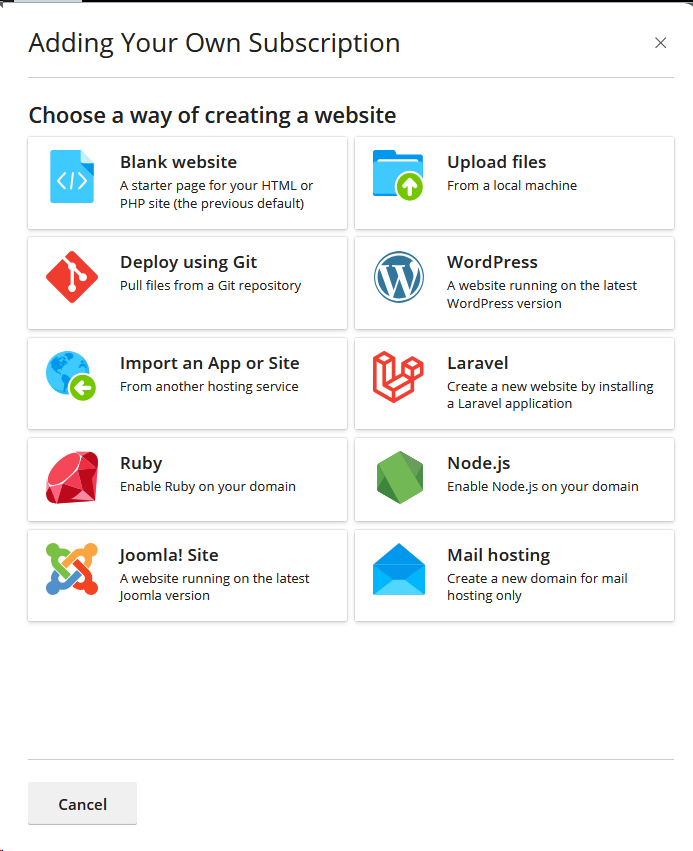 Καρτέλα επιλογής blank website στον πίνακα ελέγχου Plesk